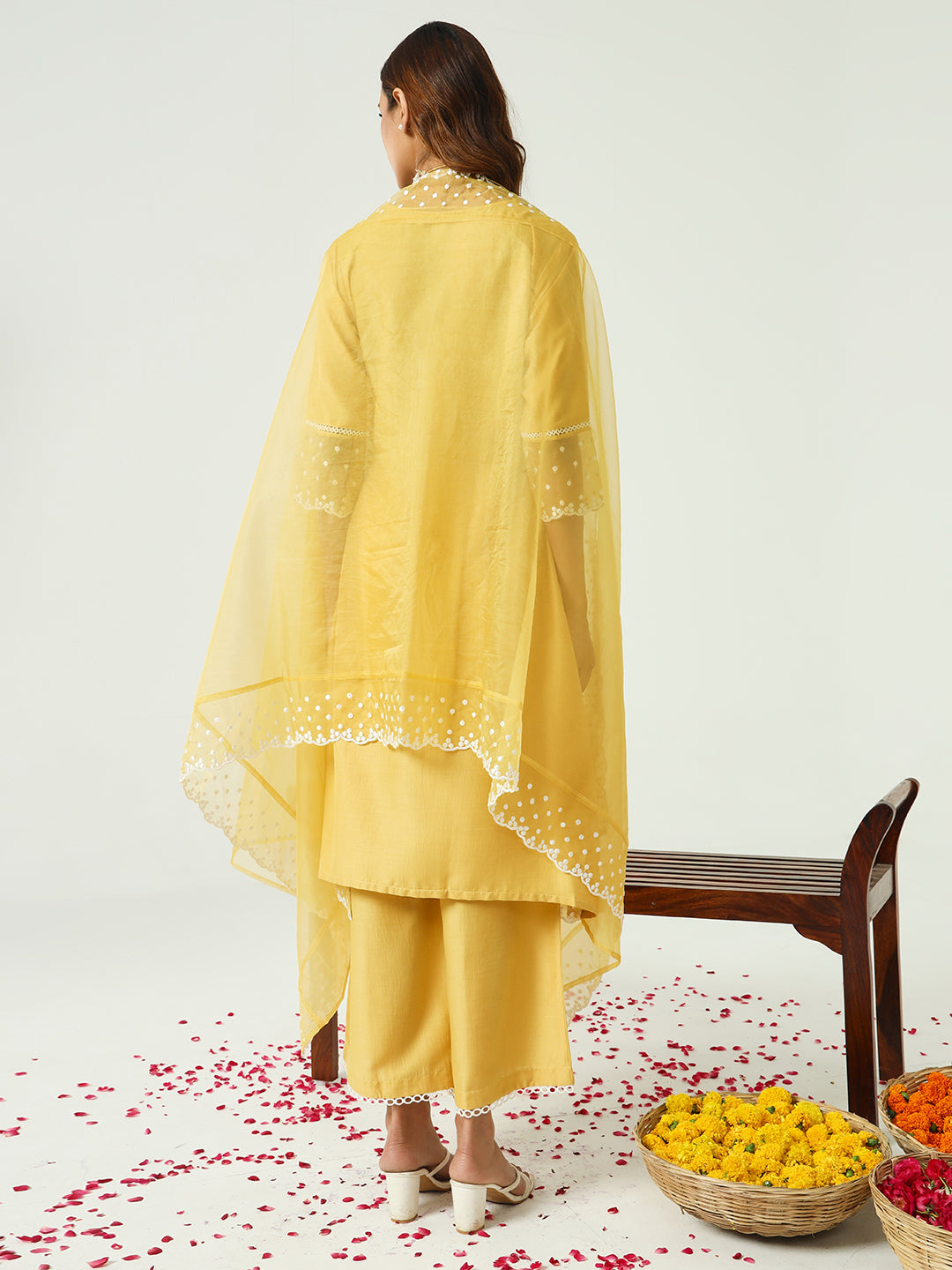 FIORRA Women's Yellow Silk Blend Straight Kurta and Palazzo With Embroidered Dupatta